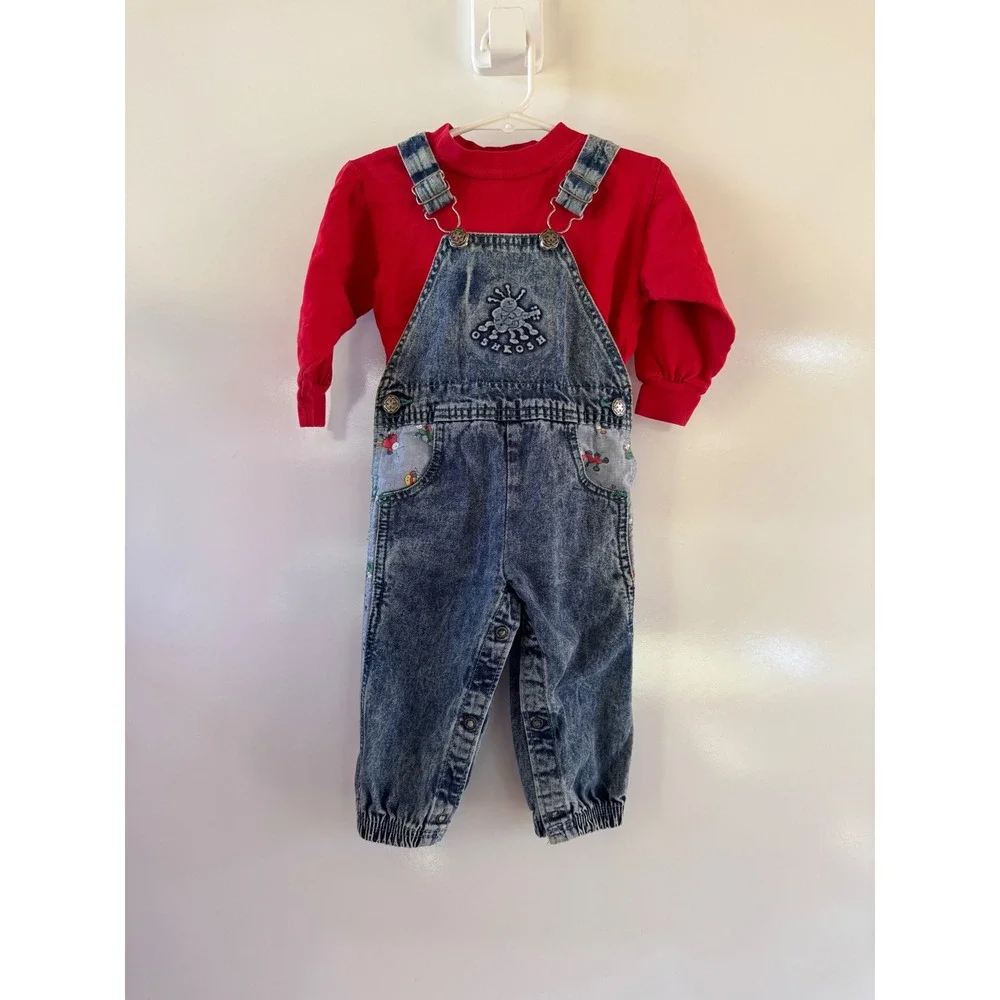 Vintage OshKosh Baby Overalls Bug Acid Wash 18 Month Red Shirt Set Made in USA